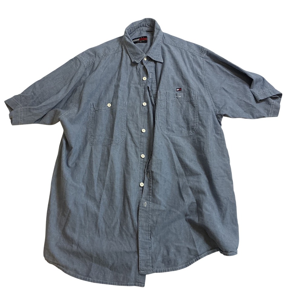 Tommy Hilfiger‎ Mens XL Blue Denim Short Sleeve Button Down Shirt Dual Pockets